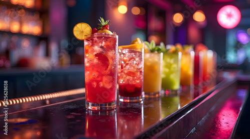 A Row of Colorful and Delicious Cocktails on a Bar Counter