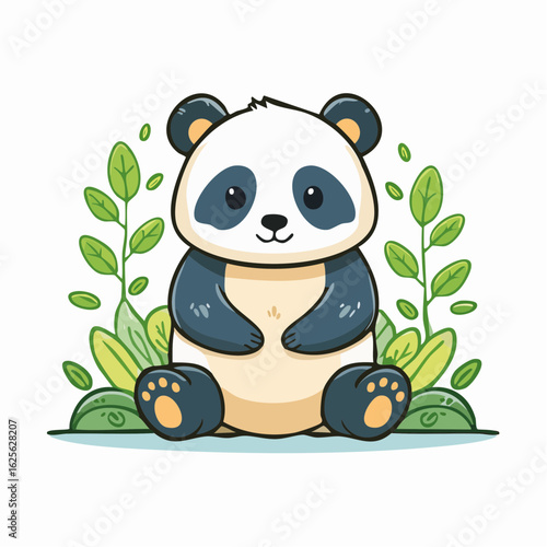 Adorable Panda Illustration Surrounded by Lush Greenery in a Playful Cartoon Style