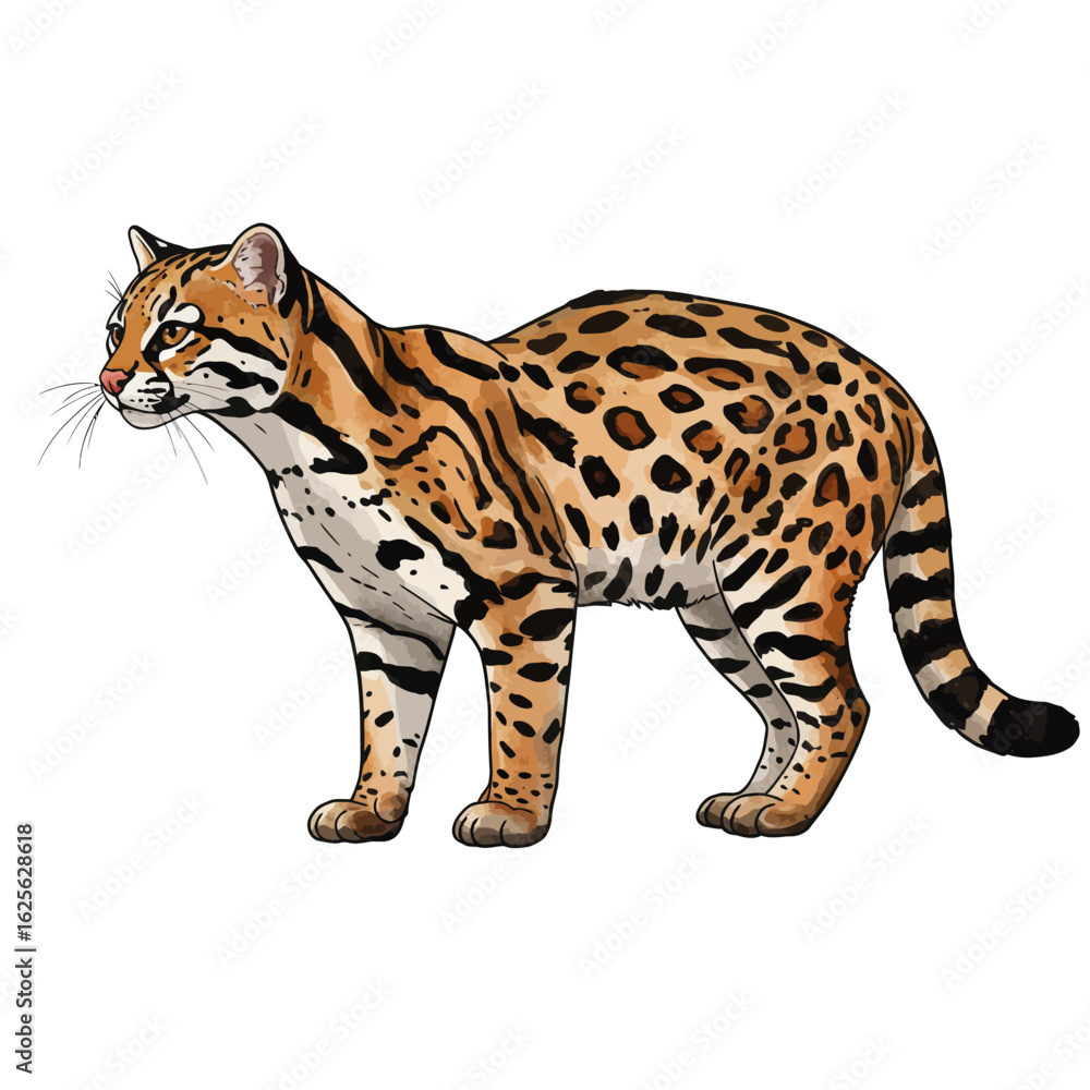 Fototapeta premium Detailed Ocelot Wild Cat Illustration Exotic Feline Animal Isolated on White Background