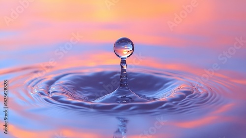 A macro close-up of a single water droplet bouncing on a water surface, creating concentric ripples. A concept for purity, the ripple effect, tranquility, and cause and effect.