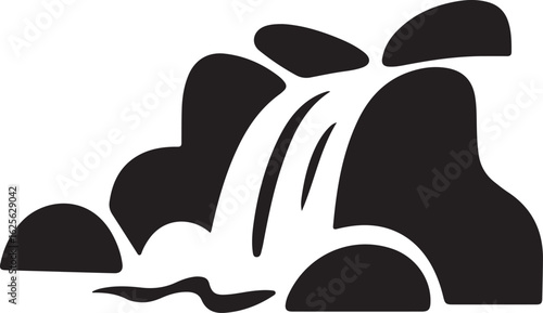 Minimalist Waterfall Illustration of Water Flowing Down Rocks in Black and White Simple Design