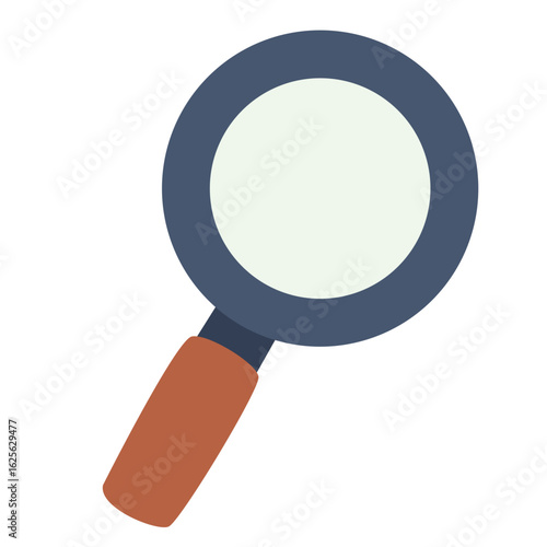 Round magnifying glass with black rim and wooden handle, designed in flat cartoon educational vector style.