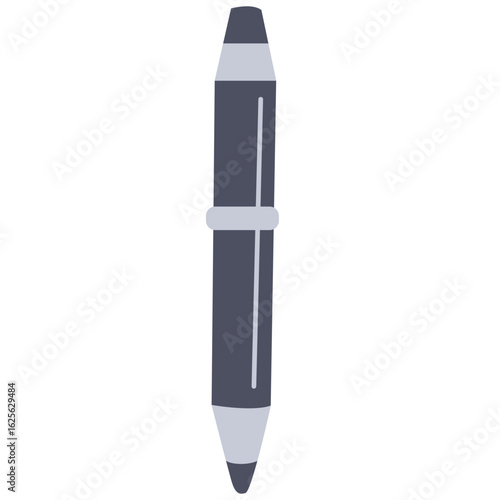 Simple black ballpoint pen with silver clip and pointed tip, illustrated in a clean flat vector cartoon style.