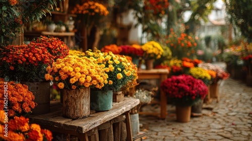 Wallpaper Mural Autumn mums in pots display vibrant fall colors outdoor. Great for seasonal greetings, autumn marketing, or design project. Torontodigital.ca