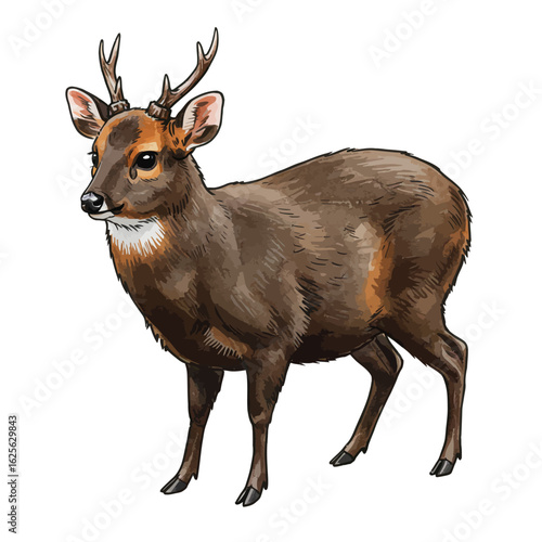 Muntjac Deer Realistic Illustration Isolated on White Background Wildlife Animal