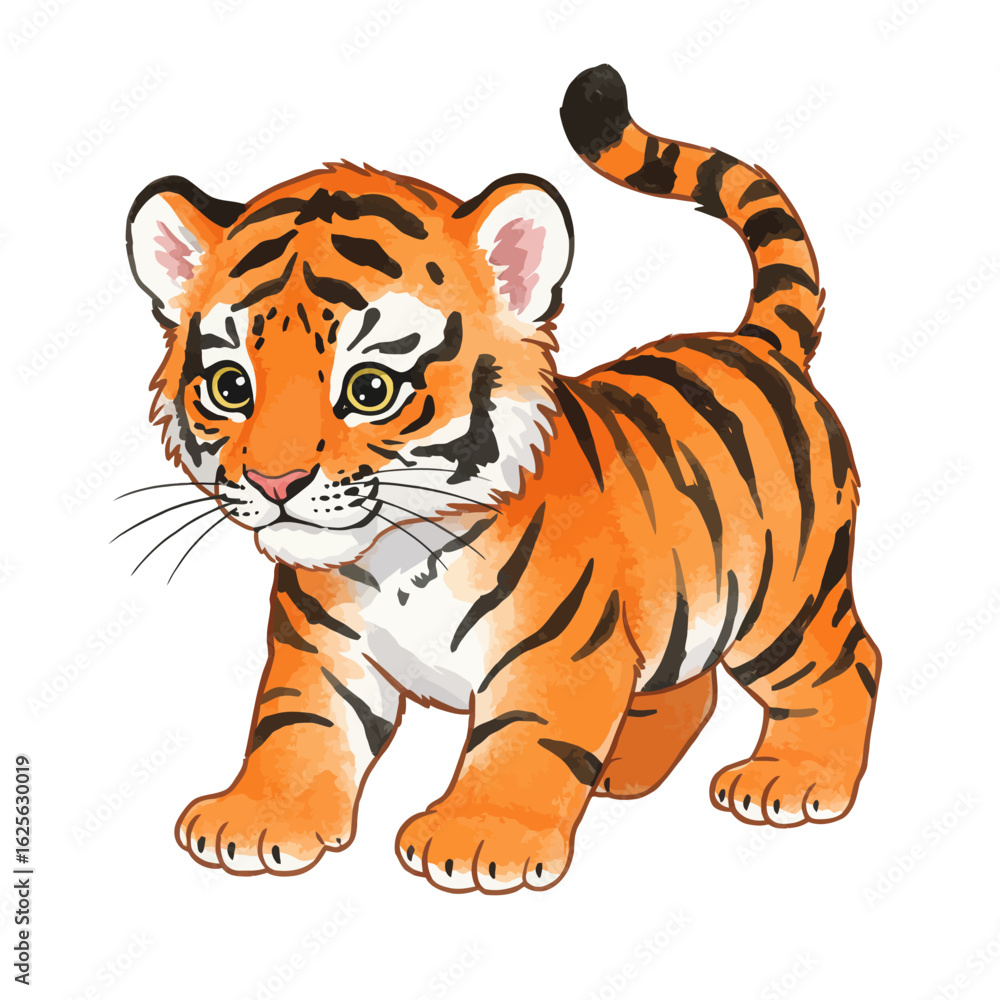 Obraz premium Adorable cartoon tiger cub illustration isolated on white background cute baby animal