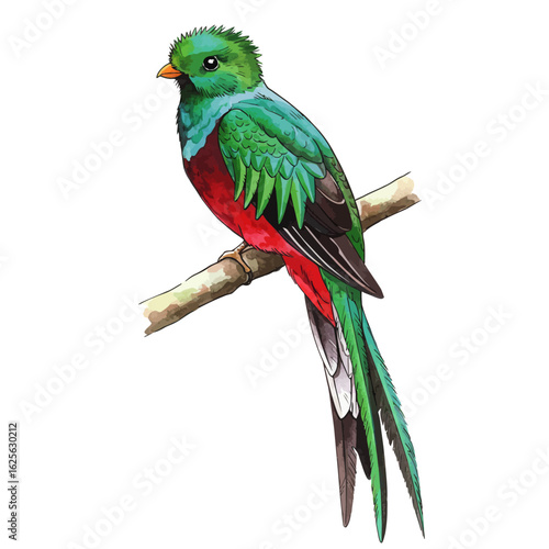 Exotic Resplendent Quetzal bird illustration with vibrant green and red feathers