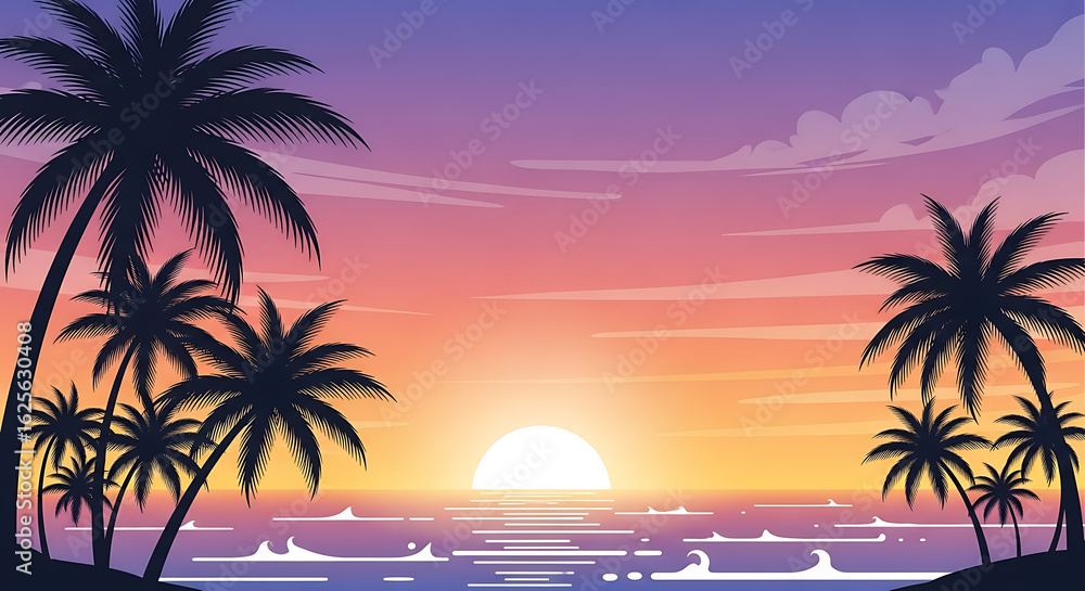 Obraz premium Serene tropical beach paradise with silhouetted palm trees against a vibrant ocean sunset vector illustration