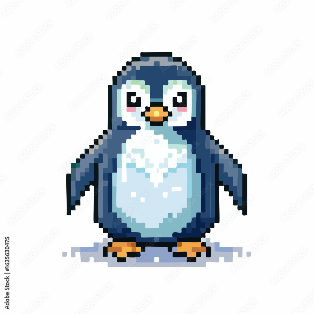 Fototapeta premium Adorable Pixel Art Penguin Standing on Snowy Ground with a Simple Background