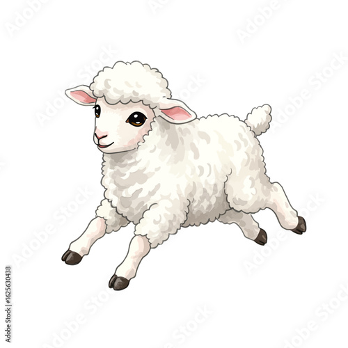 Cute little white cartoon lamb running isolated on a white background adorable sheep