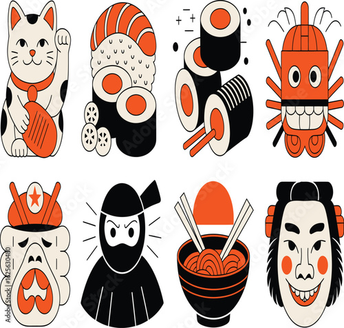 Japanese culture symbols: Lucky cat, sushi, ninja, ramen, kabuki mask and more in bold black and orange lines on transparent background