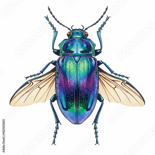 Vibrant Iridescent Beetle Illustration Isolated on White Background with Open Wings