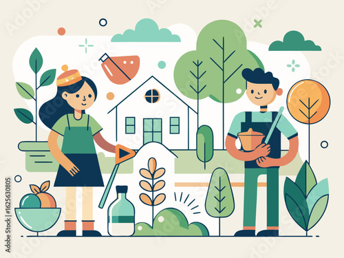 Couple Gardening Icon Collection – Sustainable Backyard Lifestyle
