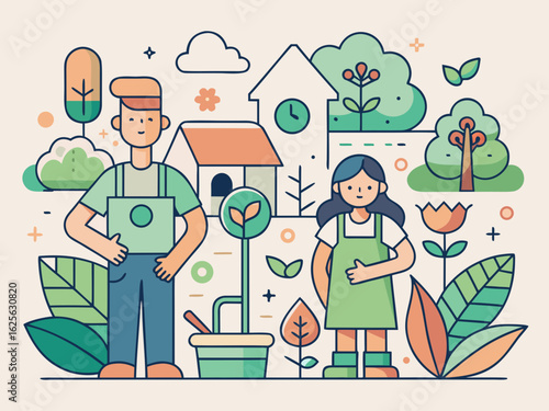 Couple Gardening Icon Collection – Sustainable Backyard Lifestyle

