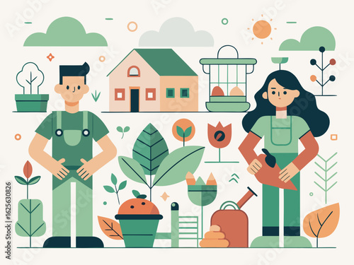 Couple Gardening Icon Collection – Sustainable Backyard Lifestyle

