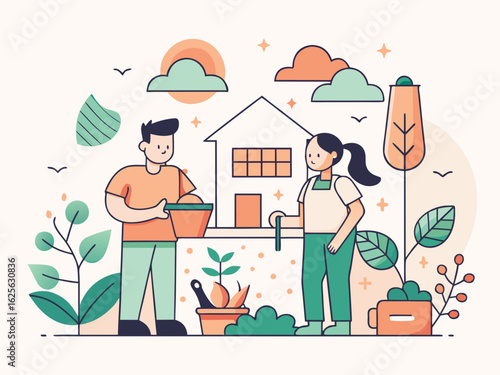 Couple Gardening Icon Collection – Sustainable Backyard Lifestyle
