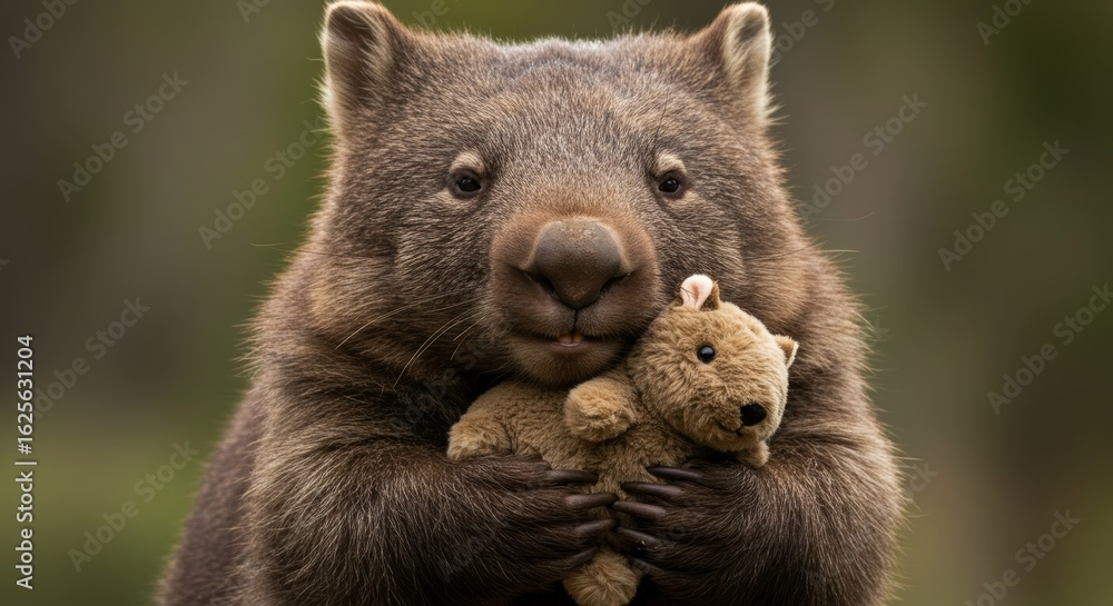 Fototapeta premium A heartwarming portrait of a wombat lovingly embracing its teddy bear