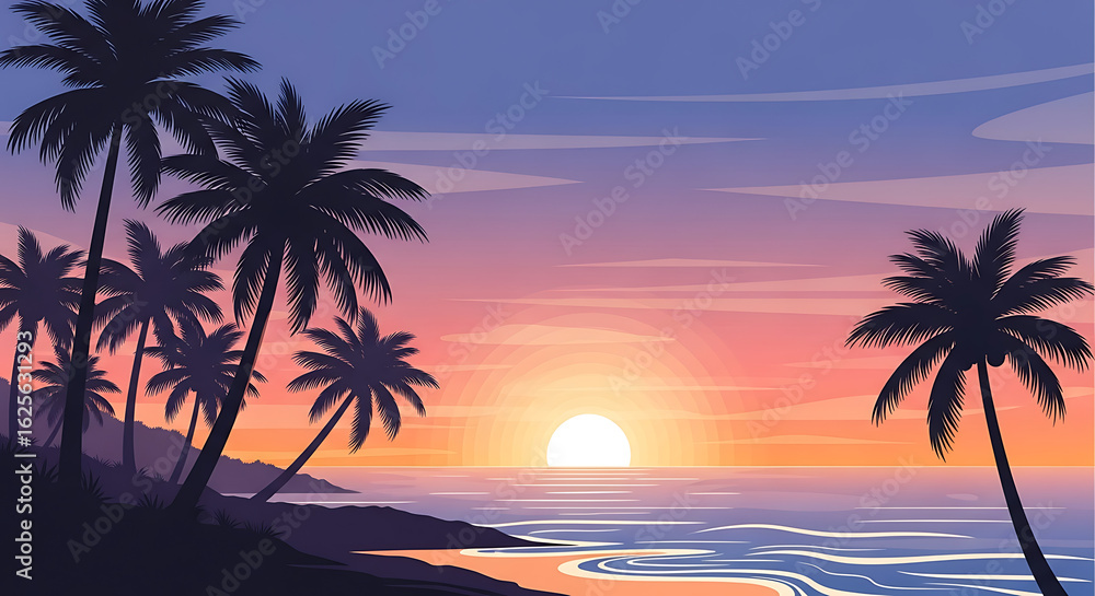 Obraz premium A serene illustration of a tropical beach paradise at sunset, with silhouetted palm trees against a vibrant, colorful sky over the ocean.
