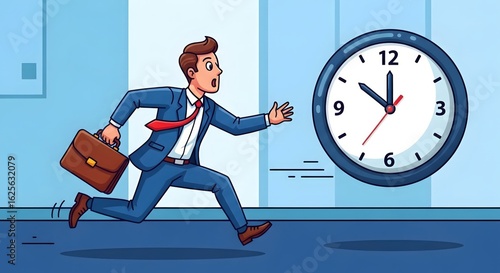 Running late for important meeting, worried man rushes with briefcase past clock showing it's almost time. Being late can cause lots of stress,