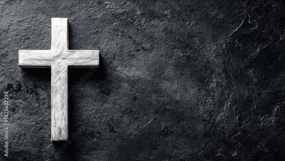 White wooden cross on dark stone White wooden cross on dark stone