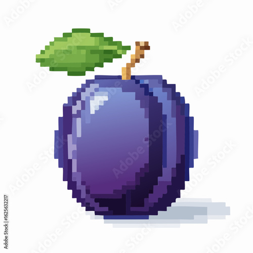 A pixelated plum with a green leaf in a retro video game style, 8-bit fruit