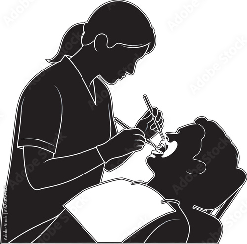 A silhouette illustration depicting a dental professional examining a patient's open mouth during a routine check-up.