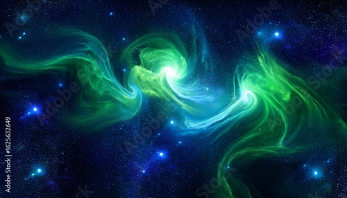 mystical cosmic background with swirling green and blue nebulae