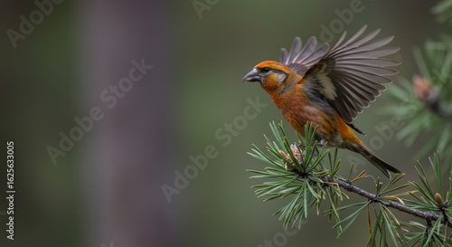 Vibrant crossbill taking flight from a pine branch in a serene forest setting evoking nature's beauty