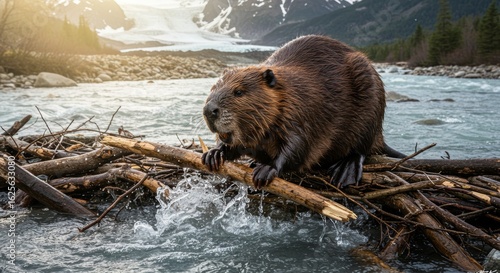 Captivating portrait of a beaver in its natural habitat, constructing its dam in a wild river