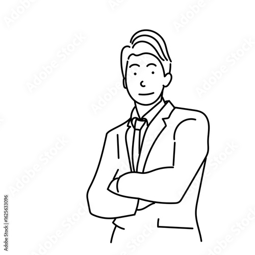 腕を組んで自信を見せるビジネスマンの線画スタイルベクターイラスト