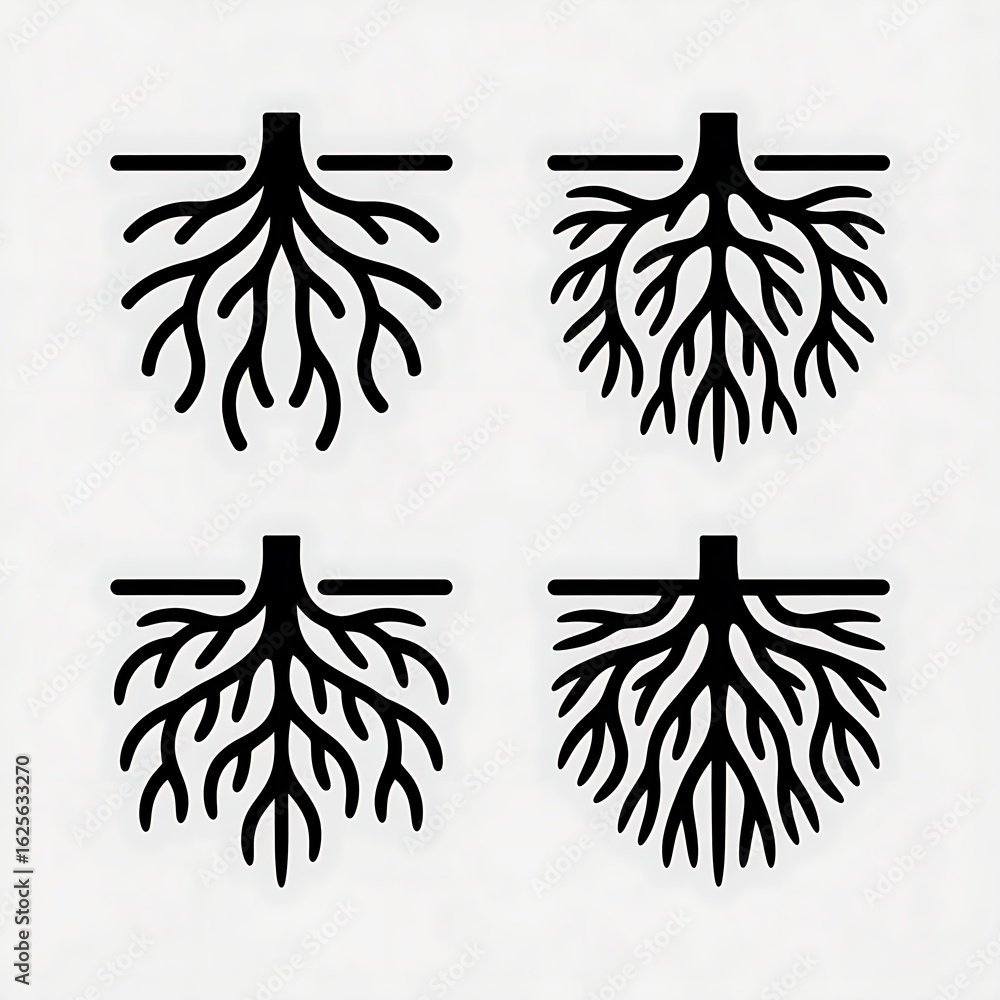 Fototapeta premium Four black tree root systems isolated on white background