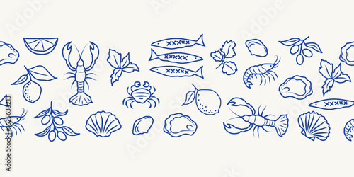 Horizontal pattern of seafood shrimps, oysters, lobster, lemons and olives. Mediterranean Dolce Vita style vintage illustrations for food, suitable for restaurant and marine cafe menu. Vintage pattern