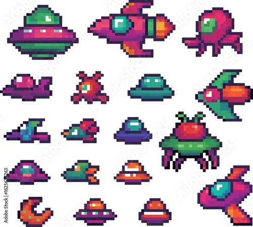 A side view of a pixel art enemy character, the UFO. Various modifications have been made to make the character easier to use.