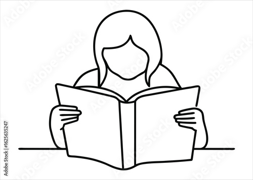 Elegant single line art depicting a person absorbed in reading a book from a rear perspective for promotional materials