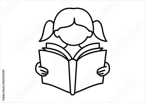 Elegant continuous single line art depicting a girl engrossed in reading a book from behind a classic design element