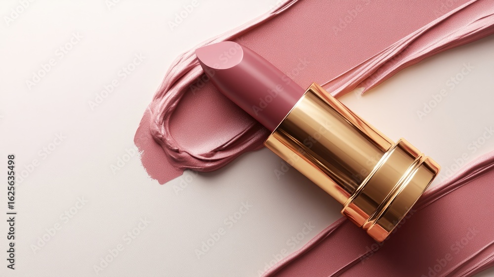 Obraz premium Lipstick, blush, makeup, gold, swirls, on a light background