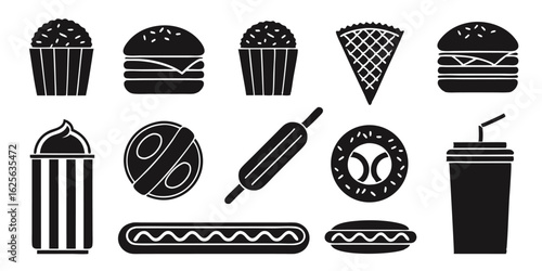 Black silhouette icons of food and drink popcorn burger