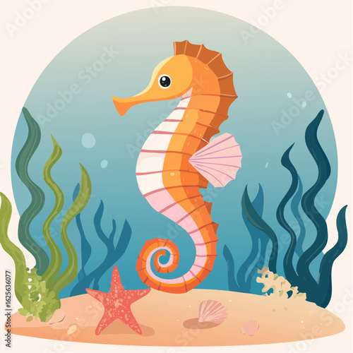 Colorful seahorse swimming gracefully in the ocean among seaweed and coral reefs