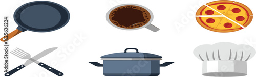 Flat illustration of a frying pan coffee cup pizza cutlery pot and chef hat on white background