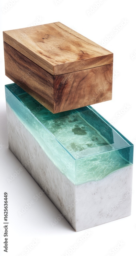 Fototapeta premium Two rectangular boxes, stacked, showcase contrasting materials. A light brown wooden top box sits atop a larger box of white marble, with a teal-colored resin filling the space between.