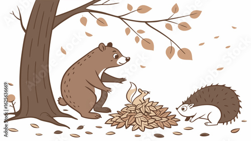 Playful Autumn Woodland Animals Illustration: Cute Bear, Squirrel, and Hedgehog Gather Leaves Under a Tree in Fall