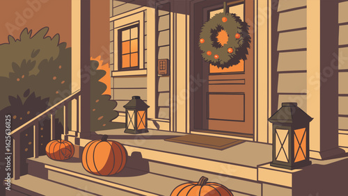 Cozy Autumn Porch with Pumpkins and Lanterns, Welcoming Fall Home Entrance Decorated for Thanksgiving or Halloween Season Illustration