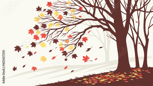 Vibrant autumn leaves swirling in the wind from bare trees, creating a dynamic seasonal background illustration with rich fall colors and a sense o...
