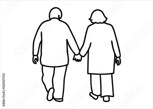 Elegant continuous single line art depicting a cherished senior couple sharing a tender moment of companionship and affection