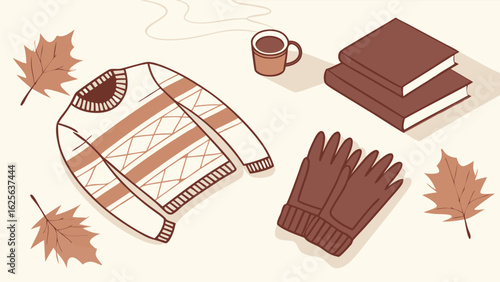 Cozy Autumn Lifestyle Flat Lay Illustration with Sweater, Books, Hot Drink, Gloves, and Fallen Leaves for Fall Comfort and Relaxation