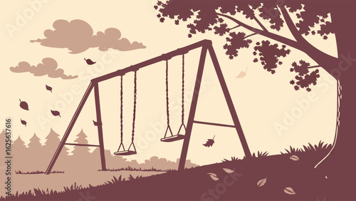 Nostalgic Sepia Tone Illustration of an Empty Park Swing Set with Falling Autumn Leaves – Childhood Memories and Solitude