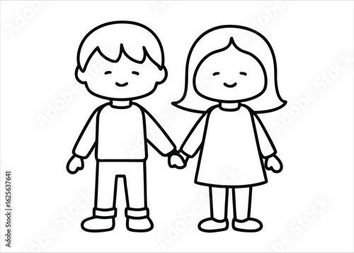 Charming line art depicting a young brother and sister sharing a tender moment of mutual affection and admiration