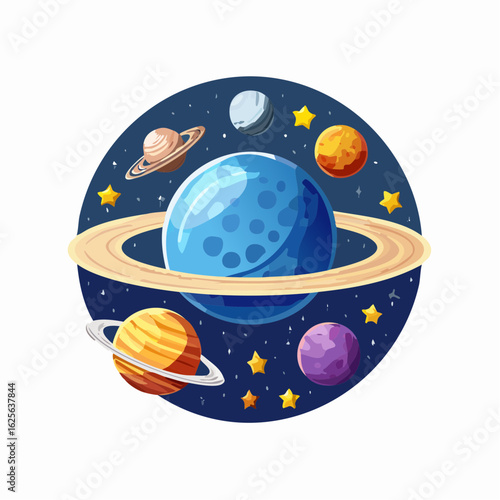 Whimsical Cosmic Cartoon: Planets, Stars, and Rings in a Playful Circular Composition