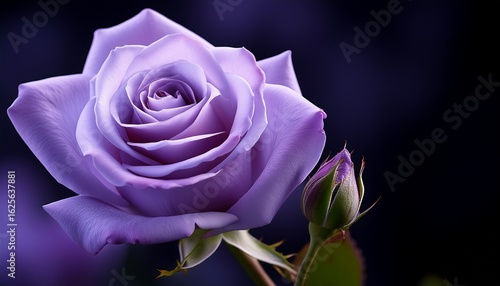 high resolution macro shot of a lavender rose with a delicate rosebud on the stem