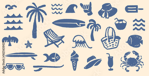 Hand Drawn Summer Beach Icon Vacation and Picnic Elements, Umbrella, Surfboard, Wave, Coastal T-shirt and Poster